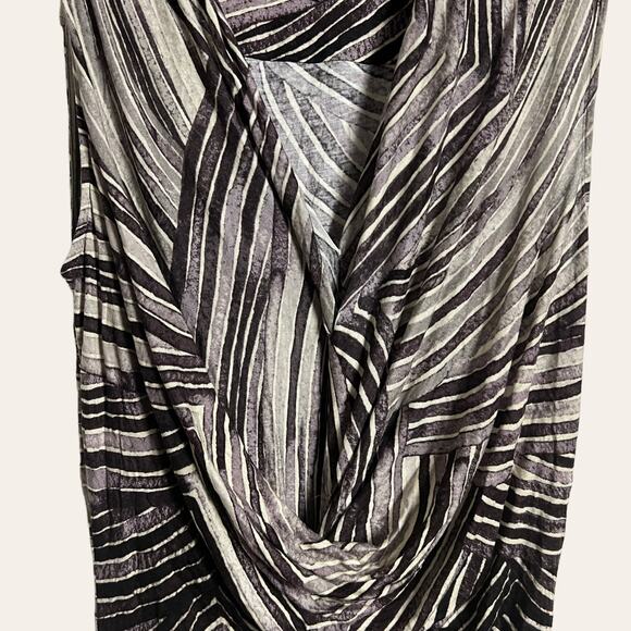 Halston Heritage Gray White Abstract Striped Draped Front Sleeveless Dress Sz 4 - Picture 4 of 7